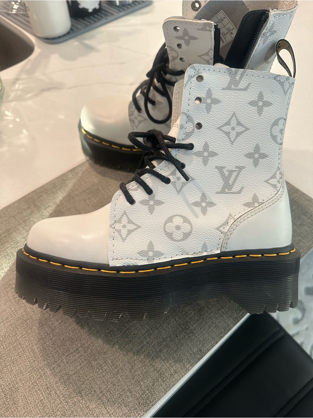 Dr. Martens White Lace-Up Platform Combat Boots with Black Sole